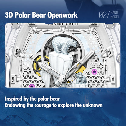 BONEST GATTI Crystal Case 3D Polar Bear Tonneau shaped Skeleton Movement K9 Crystal Case Fluororubber Strap Watch Luminous GB6002 TIMEMASTER