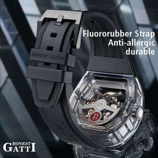 BONEST GATTI Barrel shaped K9 Crystal case Skeleton Movement Fluororubber Strap Watch Luminous BG9960 TIMEMASTER