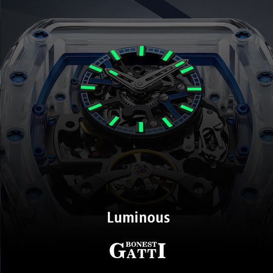 BONEST GATTI Barrel shaped K9 Crystal case Skeleton Movement Fluororubber Strap Watch Luminous BG9960 TIMEMASTER