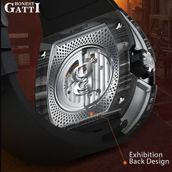 BONEST GATTI Carbon fiber + Aluminum alloy Case Barrel shaped Tonneau watch Skeleton Movement Sapphire Crystal Quick- Release Strap Watch BG9004 TIMEMASTER