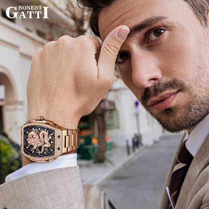 BONEST GATTI Barrel Dragon 185 Zircon Stones Bezel Stainless Steel Bracelet Men's Automatic Mechanical Watch Luminous BG5605L TIMEMASTER