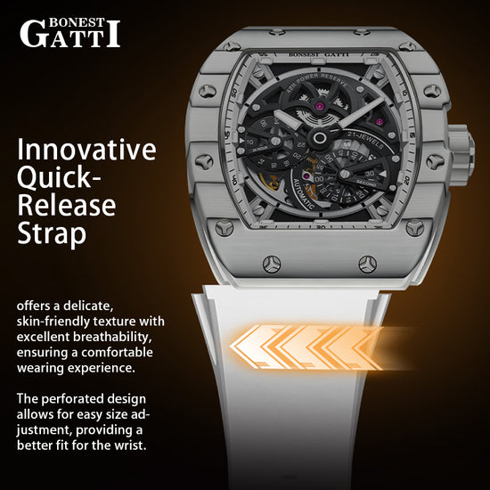 BONEST GATTI Carbon fiber + Aluminum alloy Case Barrel shaped Tonneau watch Skeleton Movement Sapphire Crystal Quick- Release Strap Watch BG9004 TIMEMASTER