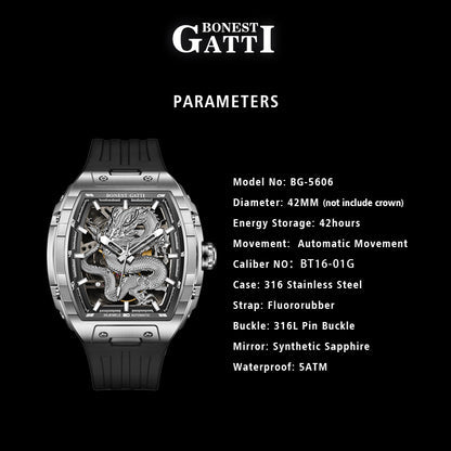 BONEST GATTI Barrel Dragon Men's Automatic Mechanical Watch Luminous GB5606 TIMEMASTER