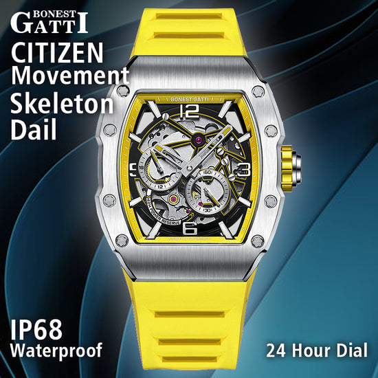 BONEST GATTI Barrel shaped Skeleton Sapphire Crystal CITIZEN Movement Watch BG9903 TIMEMASTER