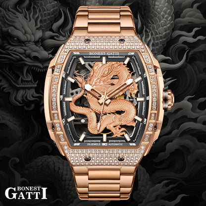 BONEST GATTI Barrel Dragon 185 Zircon Stones Bezel Stainless Steel Bracelet Men's Automatic Mechanical Watch Luminous BG5605L TIMEMASTER