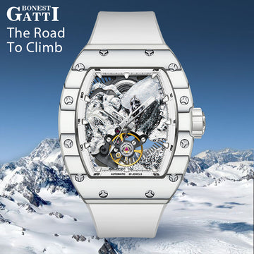 BONEST GATTI Carbon fiber + Aluminum alloy Case Barrel shaped Relief 3D Great Wall pattern Skeleton Movement Sapphire Crystal Watch BG9003 TIMEMASTER