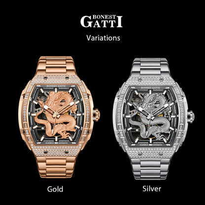 BONEST GATTI Barrel Dragon 185 Zircon Stones Bezel Stainless Steel Bracelet Men's Automatic Mechanical Watch Luminous BG5605L TIMEMASTER