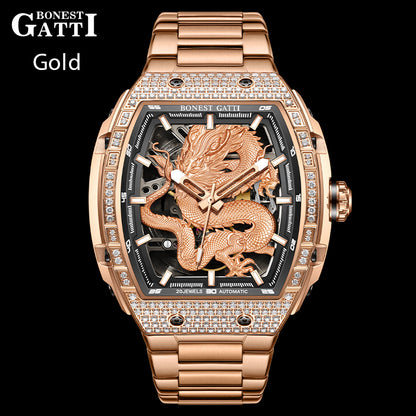 BONEST GATTI Barrel Dragon 185 Zircon Stones Bezel Stainless Steel Bracelet Men's Automatic Mechanical Watch Luminous BG5605L TIMEMASTER
