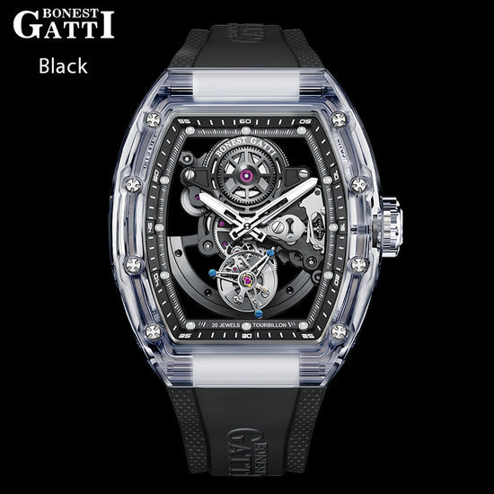 BONEST GATTI Tourbillon K9 Crystal Transparent Case Tonneau watch Skeleton Movement Watch Fluororubber Strap BG7001 TIMEMASTER