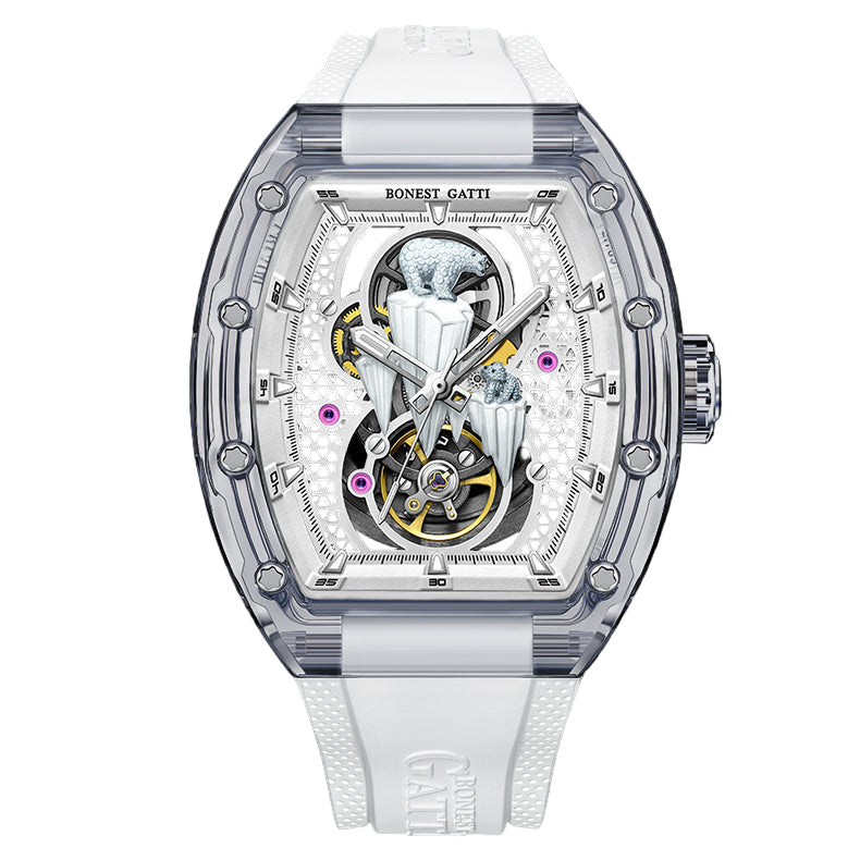 BONEST GATTI Crystal Case 3D Polar Bear Tonneau shaped Skeleton Movement K9 Crystal Case Fluororubber Strap Watch Luminous GB6002 TIMEMASTER