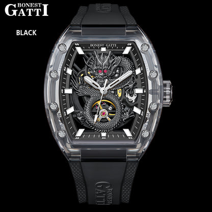 BONEST GATTI Crystal Case Dragon Barrel shaped Skeleton Movement K9 Crystal Case Fluororubber Strap Watch Luminous GB9980 TIMEMASTER