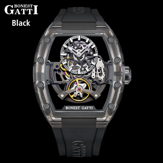 BONEST GATTI Barrel shaped K9 Crystal case Skeleton Movement Fluororubber Strap Watch Luminous BG9960 TIMEMASTER