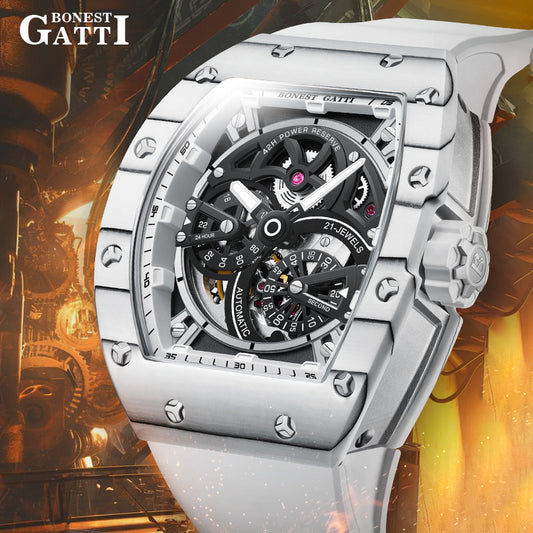 BONEST GATTI Carbon fiber + Aluminum alloy Case Barrel shaped Relief 3D Great Wall pattern Skeleton Movement Sapphire Crystal Watch BG9003 TIMEMASTER