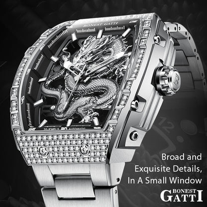 BONEST GATTI Barrel Dragon 185 Zircon Stones Bezel Stainless Steel Bracelet Men's Automatic Mechanical Watch Luminous BG5605L TIMEMASTER