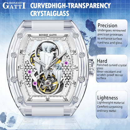 BONEST GATTI Crystal Case 3D Polar Bear Tonneau shaped Skeleton Movement K9 Crystal Case Fluororubber Strap Watch Luminous GB6002 TIMEMASTER