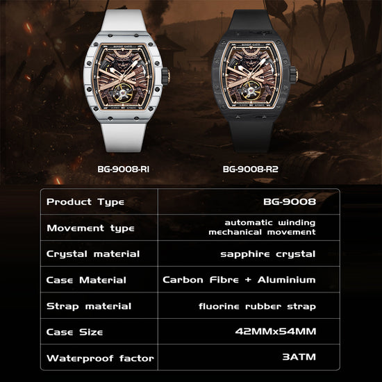 BONEST GATTI Automatic Tonneau Watch Phantom Black Warrior Dial Carbon Fiber Skeleton Self Wind Movement Sapphire Crystal Luminous Watch BG9008 TIMEMASTER