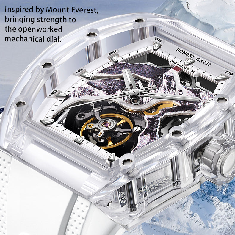 BONEST GATTI Crystal Case 3D MOUNTAIN MOUNTEVEREST Tonneau shaped Skeleton Movement K9 Crystal Case Fluororubber Strap Watch Luminous GB6001 TIMEMASTER