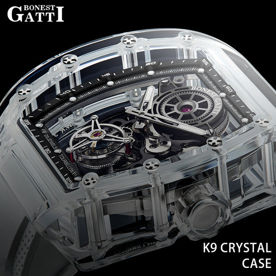 BONEST GATTI Tourbillon K9 Crystal Transparent Case Tonneau watch Skeleton Movement Watch Fluororubber Strap BG7001 TIMEMASTER