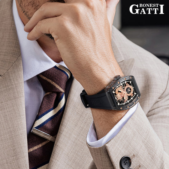 BONEST GATTI Transparent Case Dragon Barrel shaped Skeleton Movement Synthetic Sapphire Fluororubber Strap Watch Luminous GB9980 TIMEMASTER