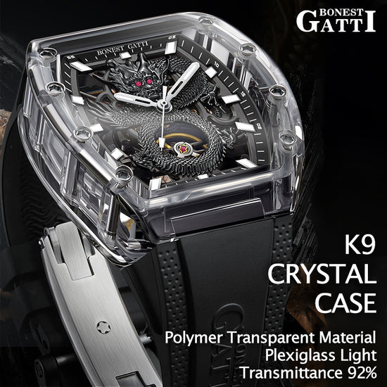 BONEST GATTI Transparent Case Dragon Barrel shaped Skeleton Movement Synthetic Sapphire Fluororubber Strap Watch Luminous GB9980 TIMEMASTER