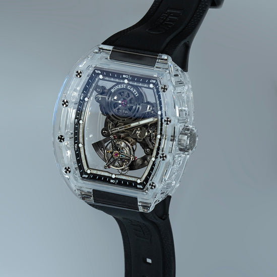 BONEST GATTI Tourbillon K9 Crystal Transparent Case Tonneau watch Skeleton Movement Watch Fluororubber Strap BG7001 TIMEMASTER