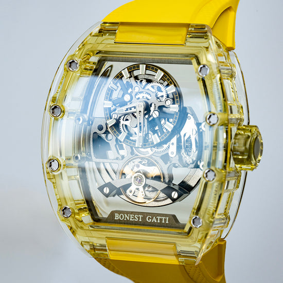 BONEST GATTI Barrel shaped K9 Crystal case Skeleton Movement Fluororubber Strap Watch Luminous BG9960 TIMEMASTER