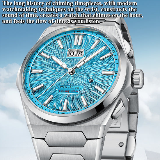 【Limited Edition 300PCS】Sound Of Nature Guilloché Ice Blue Dial Big Date Chiming Automatic Watch Lucky Harvey TIMEMASTER