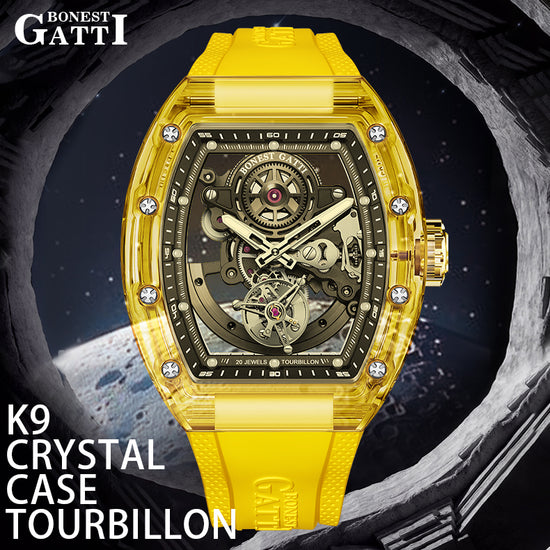 BONEST GATTI Tourbillon K9 Crystal Transparent Case Tonneau watch Skeleton Movement Watch Fluororubber Strap BG7001 TIMEMASTER