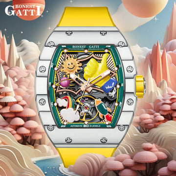 BONEST GATTI Carbon fiber + Aluminum alloy Case Barrel shaped Relief 3D Great Wall pattern Skeleton Movement Sapphire Crystal Watch BG9003 TIMEMASTER