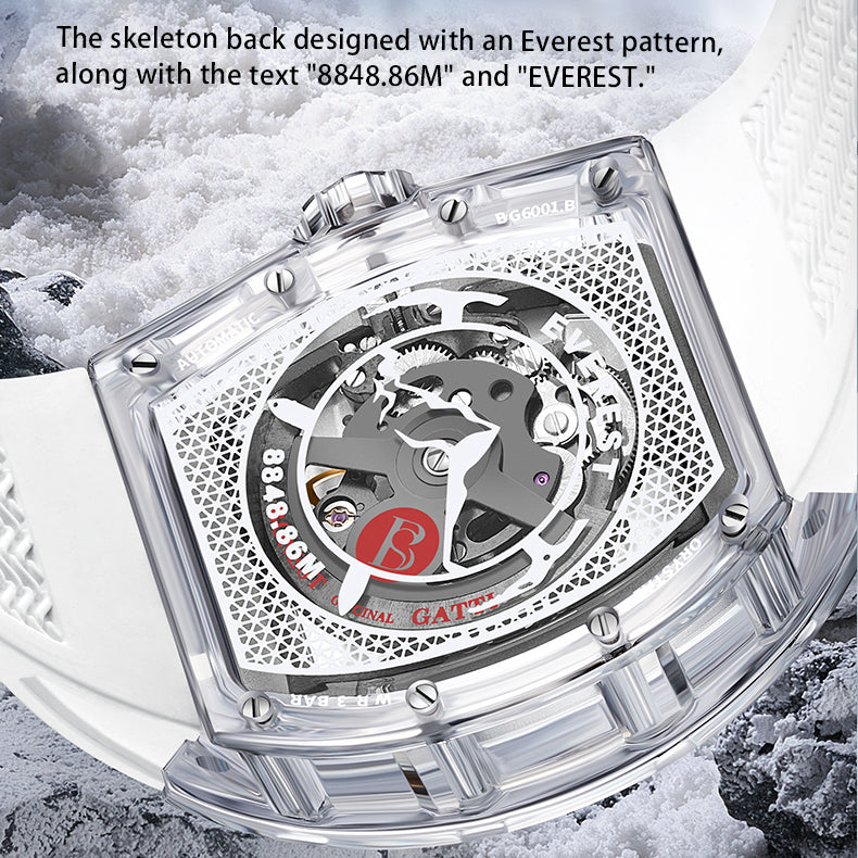 BONEST GATTI Crystal Case 3D MOUNTAIN MOUNTEVEREST Tonneau shaped Skeleton Movement K9 Crystal Case Fluororubber Strap Watch Luminous GB6001 TIMEMASTER