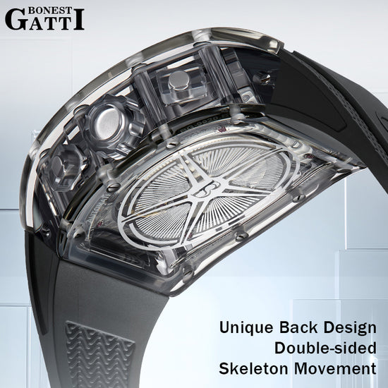 BONEST GATTI Barrel shaped Skeleton Movement K9 Crystal Case Fluororubber Strap Watch Luminous BG9920 TIMEMASTER