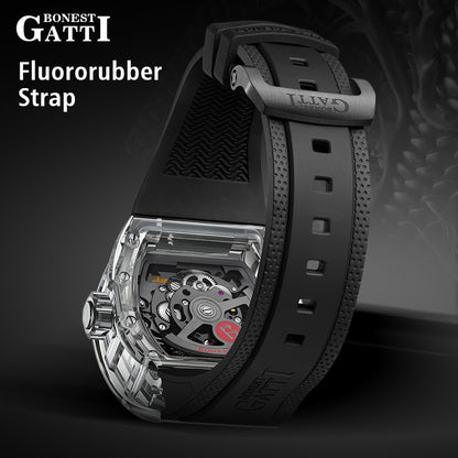 BONEST GATTI Transparent Case Dragon Barrel shaped Skeleton Movement Synthetic Sapphire Fluororubber Strap Watch Luminous GB9980 TIMEMASTER