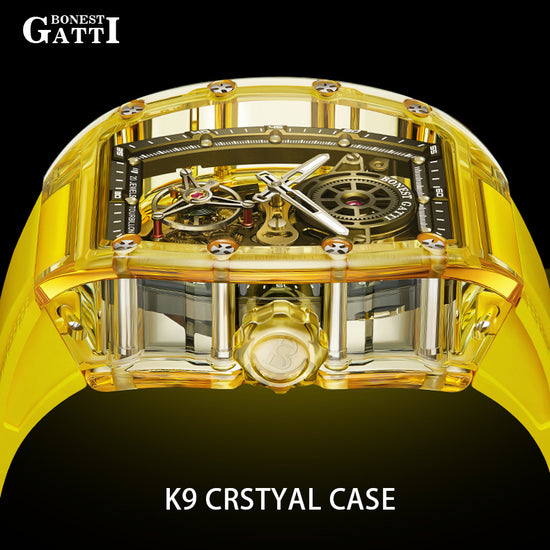 BONEST GATTI Tourbillon K9 Crystal Transparent Case Tonneau watch Skeleton Movement Watch Fluororubber Strap BG7001 TIMEMASTER