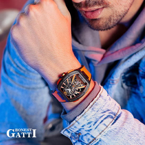 BONEST GATTI Carbon fiber+fine Steel Case Barrel shaped sapphire crystal watch Skeleton Movement Watch BG9950 TIMEMASTER