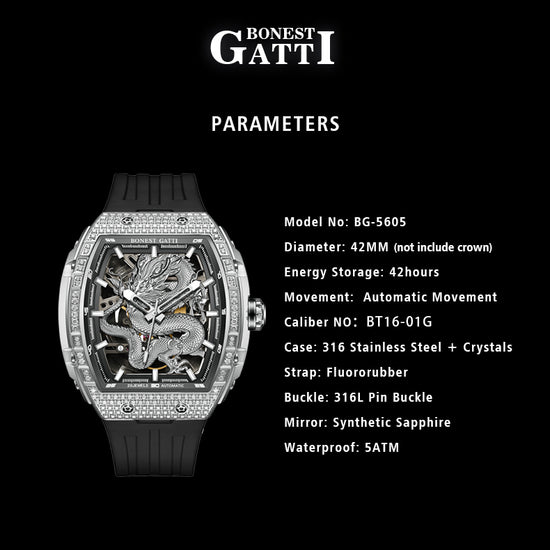 BONEST GATTI Barrel Dragon 184 zircon Bezel Men's Automatic Mechanical Watch Luminous BG5605 TIMEMASTER