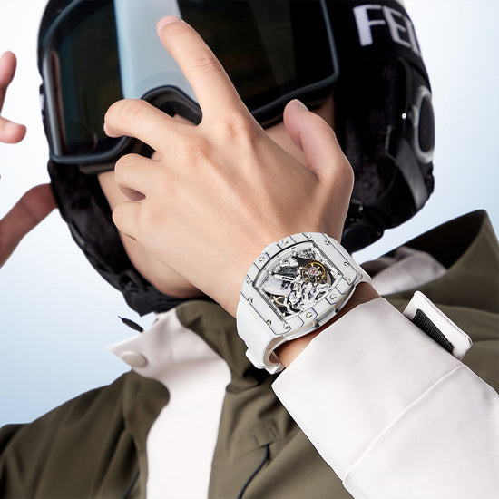 BONEST GATTI Carbon fiber + Aluminum alloy Case Barrel shaped road of climb 3D Mountain climber pattern Skeleton Movement Sapphire Crystal Watch BG9002 TIMEMASTER