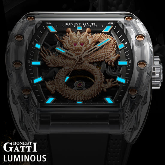 BONEST GATTI Transparent Case Dragon Barrel shaped Skeleton Movement Synthetic Sapphire Fluororubber Strap Watch Luminous GB9980 TIMEMASTER