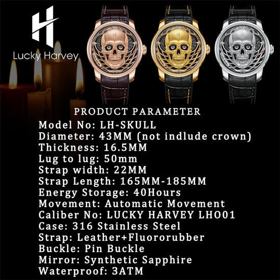 【Limited Edition 111pcs】Gold Skull Automatic Mechanism Watch Lucky Harvey TIMEMASTER