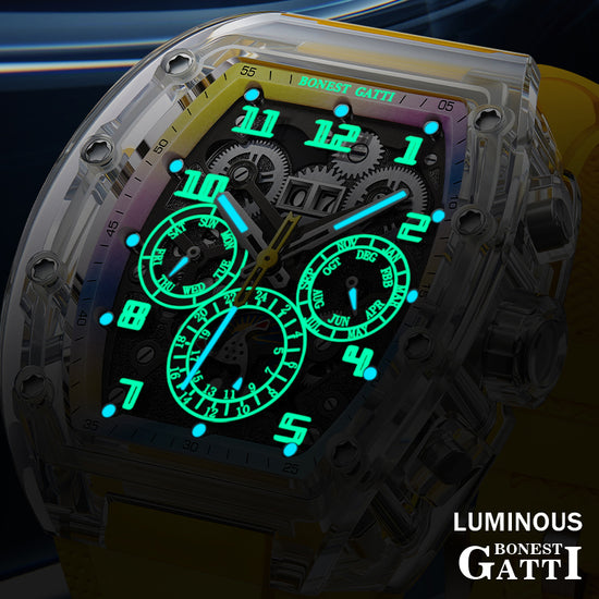 BONEST GATTI Barrel shaped Skeleton Movement K9 Crystal Case Fluororubber Strap Watch Luminous BG9920 TIMEMASTER