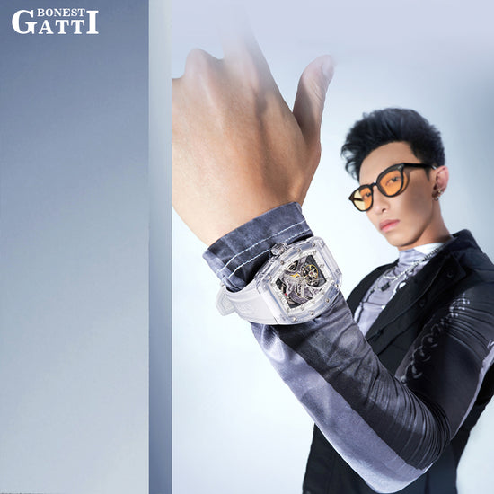 BONEST GATTI Crystal Case 3D MOUNTAIN MOUNTEVEREST Tonneau shaped Skeleton Movement K9 Crystal Case Fluororubber Strap Watch Luminous GB6001 TIMEMASTER