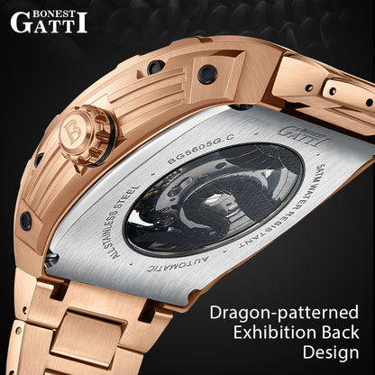 BONEST GATTI Barrel Dragon 185 Zircon Stones Bezel Stainless Steel Bracelet Men's Automatic Mechanical Watch Luminous BG5605L TIMEMASTER