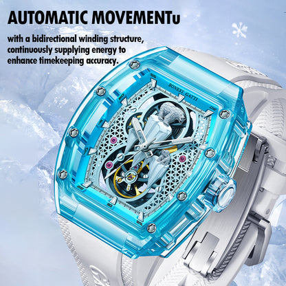 BONEST GATTI Crystal Case 3D Polar Bear Tonneau shaped Skeleton Movement K9 Crystal Case Fluororubber Strap Watch Luminous GB6002 TIMEMASTER