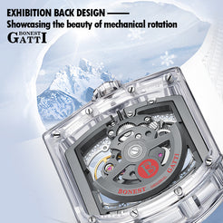 BONEST GATTI Crystal Case 3D Polar Bear Tonneau shaped Skeleton Movement K9 Crystal Case Fluororubber Strap Watch Luminous GB6002 TIMEMASTER