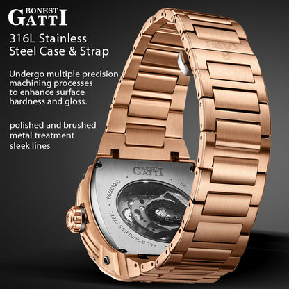BONEST GATTI Barrel Dragon 185 Zircon Stones Bezel Stainless Steel Bracelet Men's Automatic Mechanical Watch Luminous BG5605L TIMEMASTER