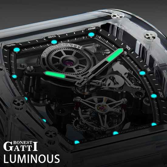 BONEST GATTI Tourbillon K9 Crystal Transparent Case Tonneau watch Skeleton Movement Watch Fluororubber Strap BG7001 TIMEMASTER
