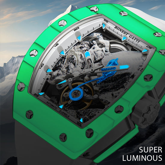 BONEST GATTI Carbon fiber + Aluminum alloy Case Barrel shaped road of climb 3D Mountain climber pattern Skeleton Movement Sapphire Crystal Watch BG9002 TIMEMASTER