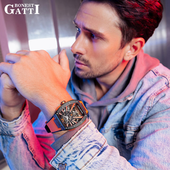 BONEST GATTI Carbon fiber+fine Steel Case Barrel shaped sapphire crystal watch Skeleton Movement Watch BG9950 TIMEMASTER
