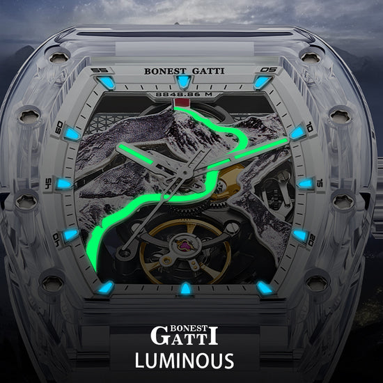 BONEST GATTI Crystal Case 3D MOUNTAIN MOUNTEVEREST Tonneau shaped Skeleton Movement K9 Crystal Case Fluororubber Strap Watch Luminous GB6001 TIMEMASTER