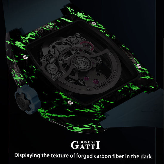BONEST GATTI Automatic Tourbillon Movement Tonneau Shaped Forged Carbon Fiber Case Sapphire Crystal Fluororubber Strap 3ATM Waterproof Luminous BG9006 TIMEMASTER