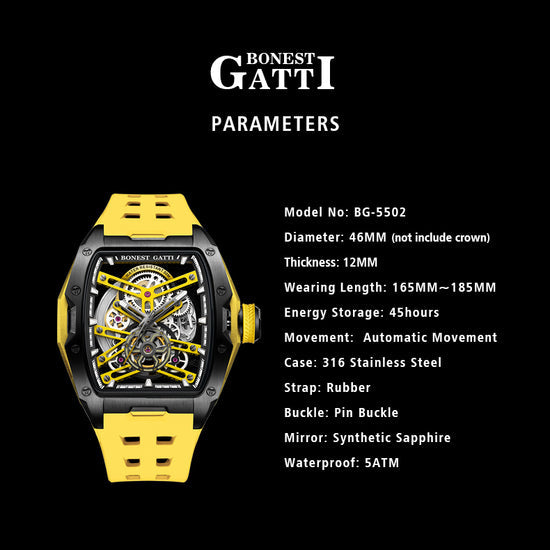BONEST GATTI Automatic Skeleton Movement Barrel shaped Case Luminous BG5502 TIMEMASTER